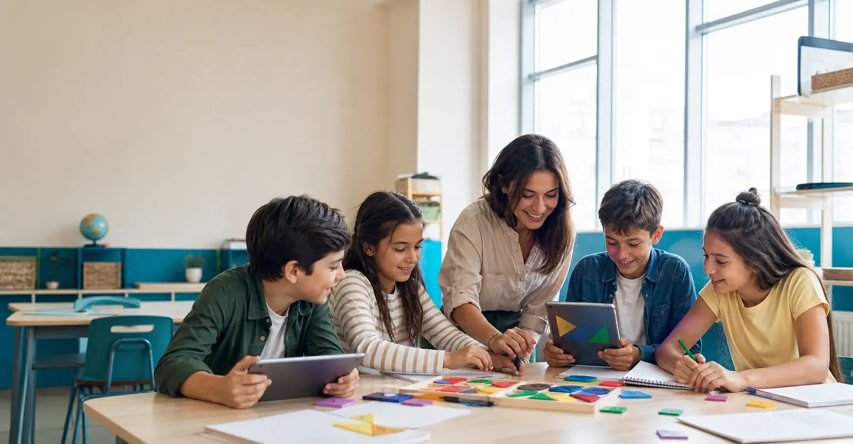 Modern bir sınıfta tabletler ve matematik parçalarıyla çalışan kumral öğrenciler ve öğretmenleri