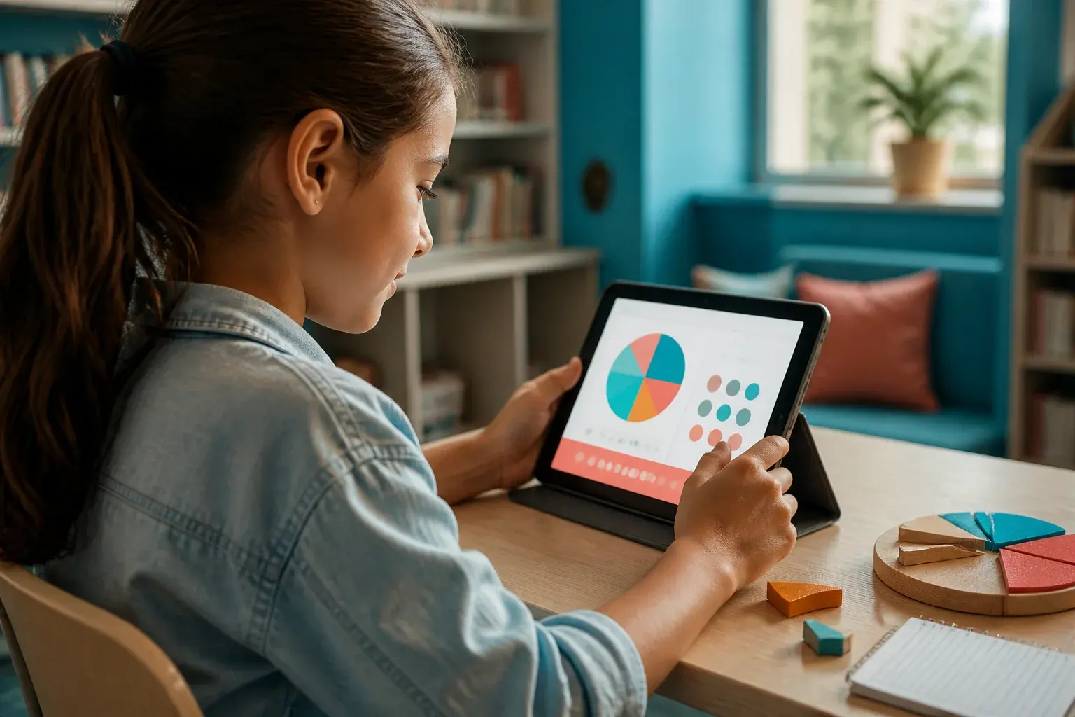 Okul kütüphanesinde tablet ve kesir parçalarıyla çalışan kumral bir öğrenci